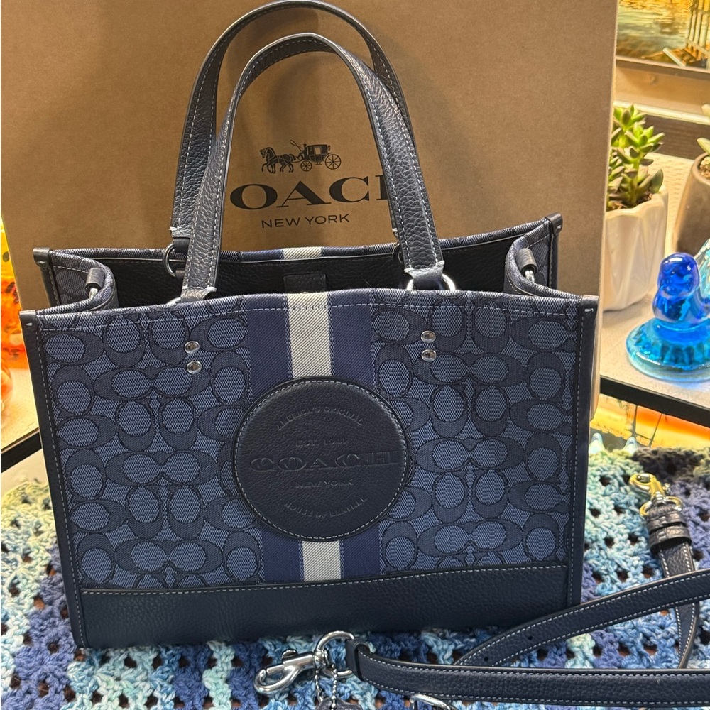 Coach Dempsey Denim Navy Signature Canvas Stripe Tote